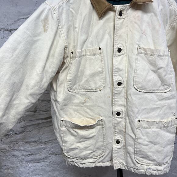 Mirage Vtg 90s Canvas Chore Coat Quilted Lined Faded Distressed Leather Collar - Picture 5 of 10